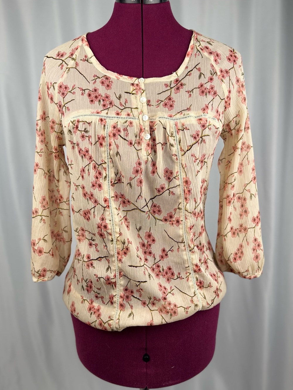 Cream Floral Henley Blouse with Pink Blossom Print